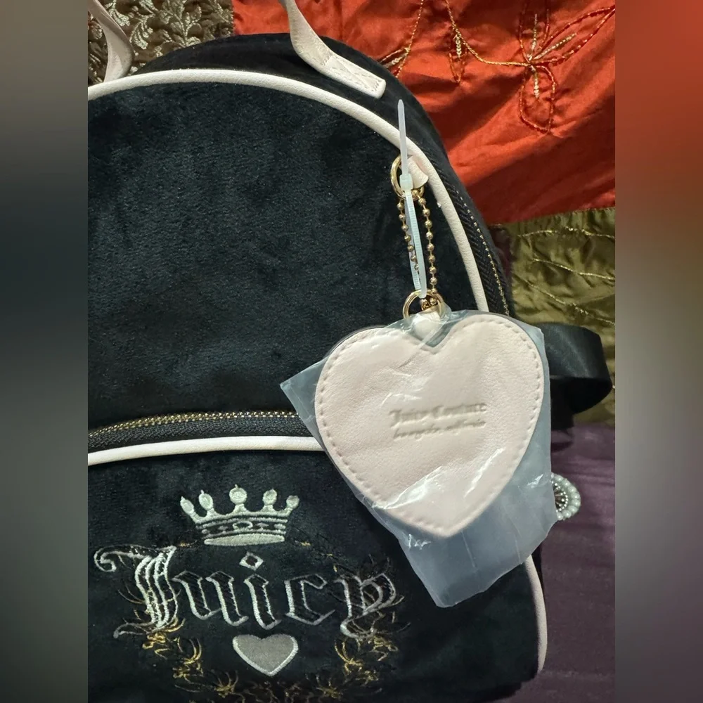 Juicy Couture Black and Light Pink Velvet Mini Backpack with Heart Charm - Picture 4 of 11
